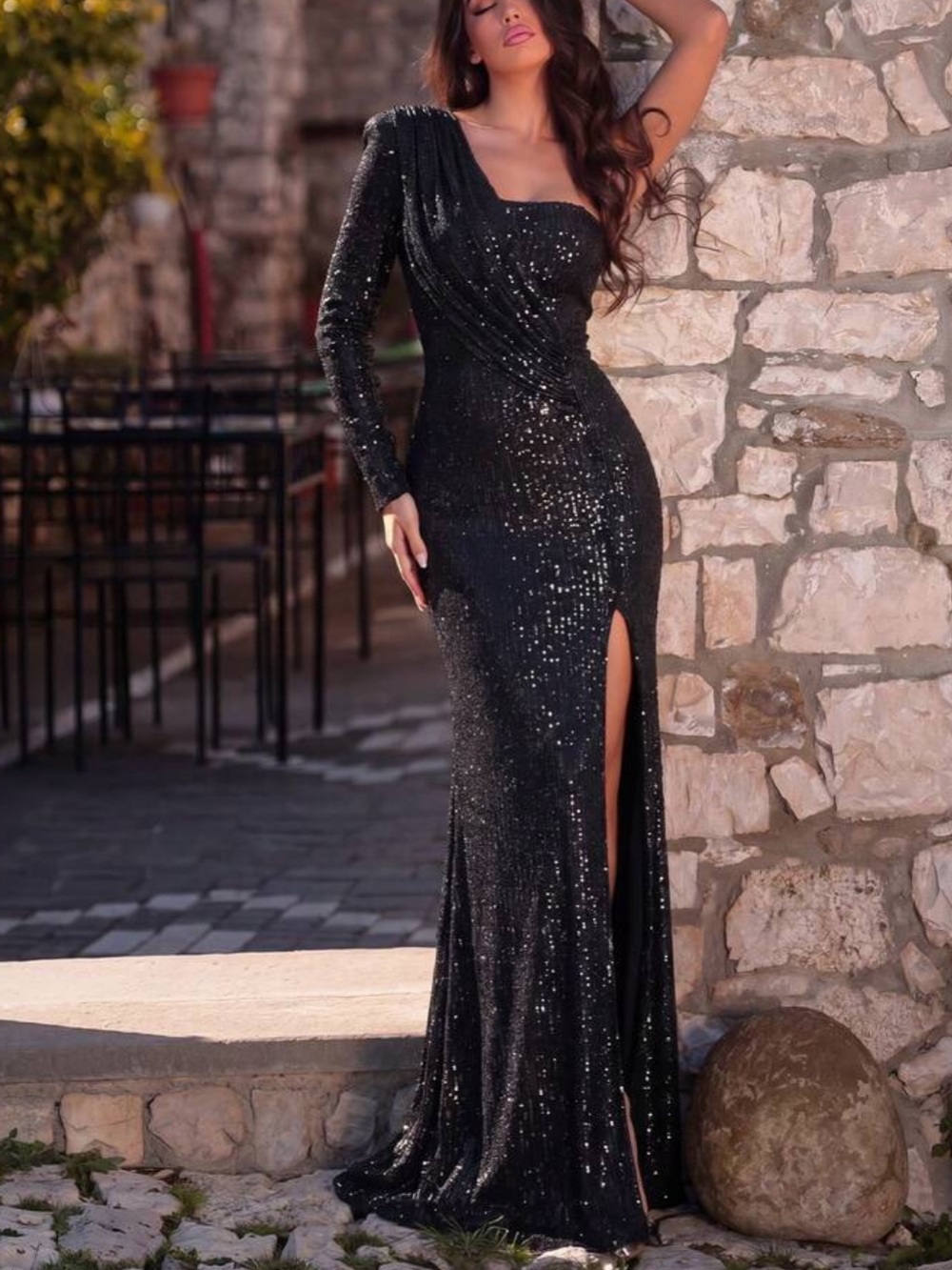 Black Sequin One-Shoulder Evening Gown